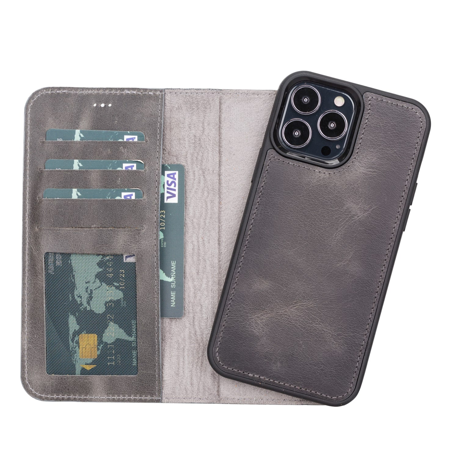Grey Leather iPhone 13 Pro Max Detachable Bi-Fold RFID Wallet Case with MagSafe & Card Holder - Bomonti - 1