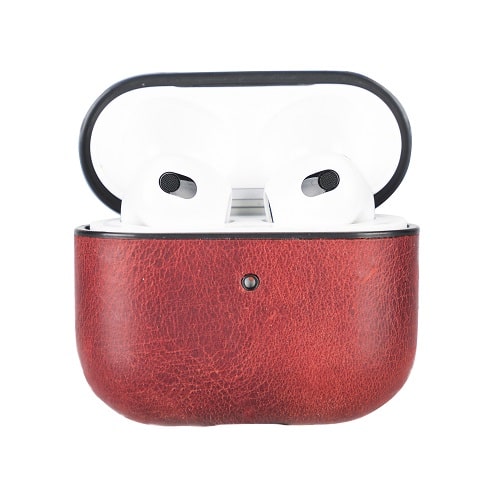 Luxury Red Leather Apple AirPods Flip Cover Case with Back Hook 3rd Generation - Bomonti - 3