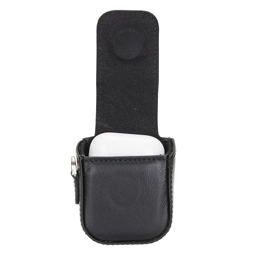 Luxury Tan Black Leather Apple AirPods Bag Cover Case with Side Hooks - Bomonti - 2