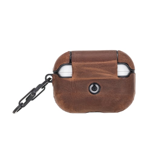 Luxury Tan Brown Leather Apple AirPods Pro Cover Flip Case with Side Hook - Bomonti - 2