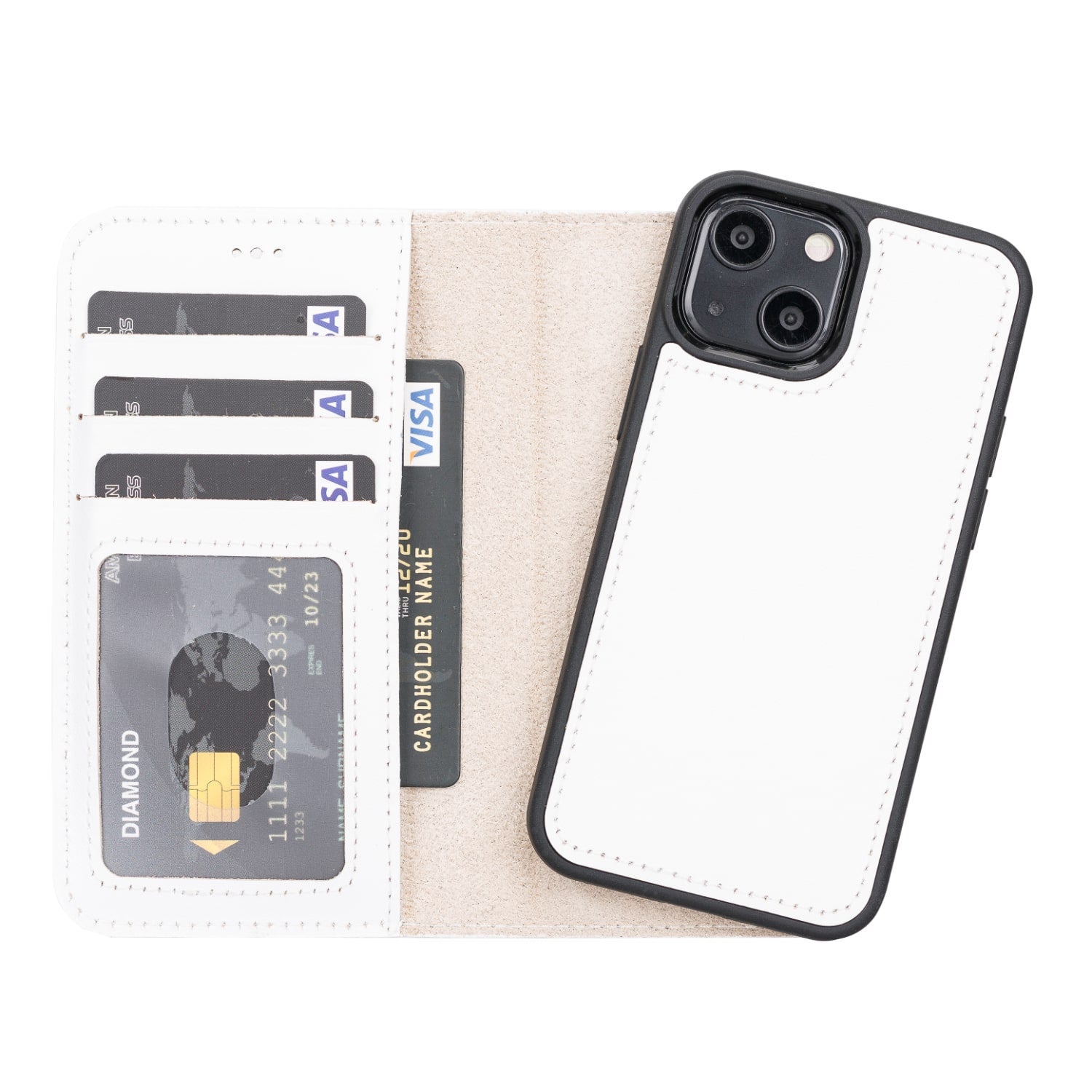 White Leather iPhone 13 Mini Detachable Bi-Fold RFID Wallet Case with MagSafe & Card Holder - Bomonti - 1