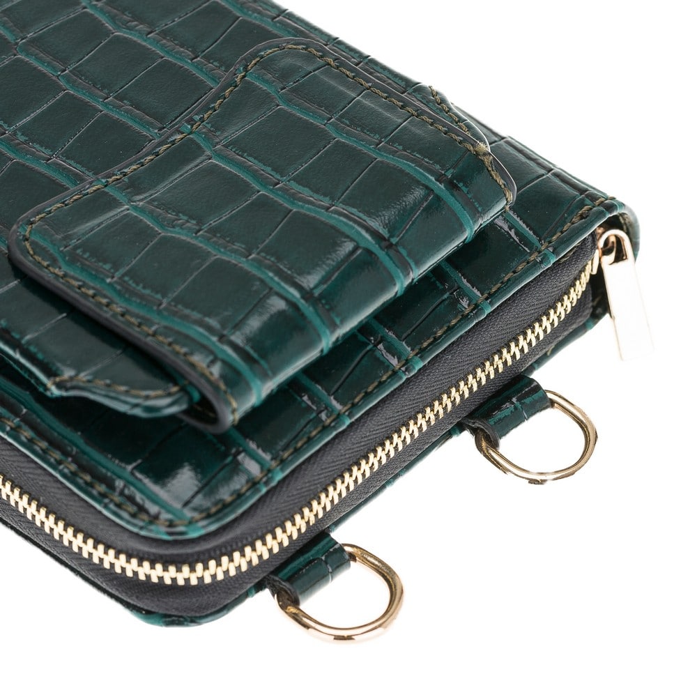 Pebble Crocodile Green Leather Shoulder Pouch with Strap - Bomonti - 3
