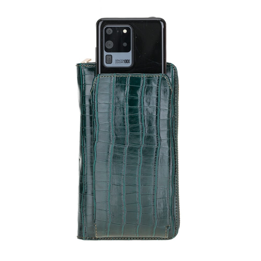 Pebble Crocodile Green Leather Shoulder Pouch with Strap - Bomonti - 4