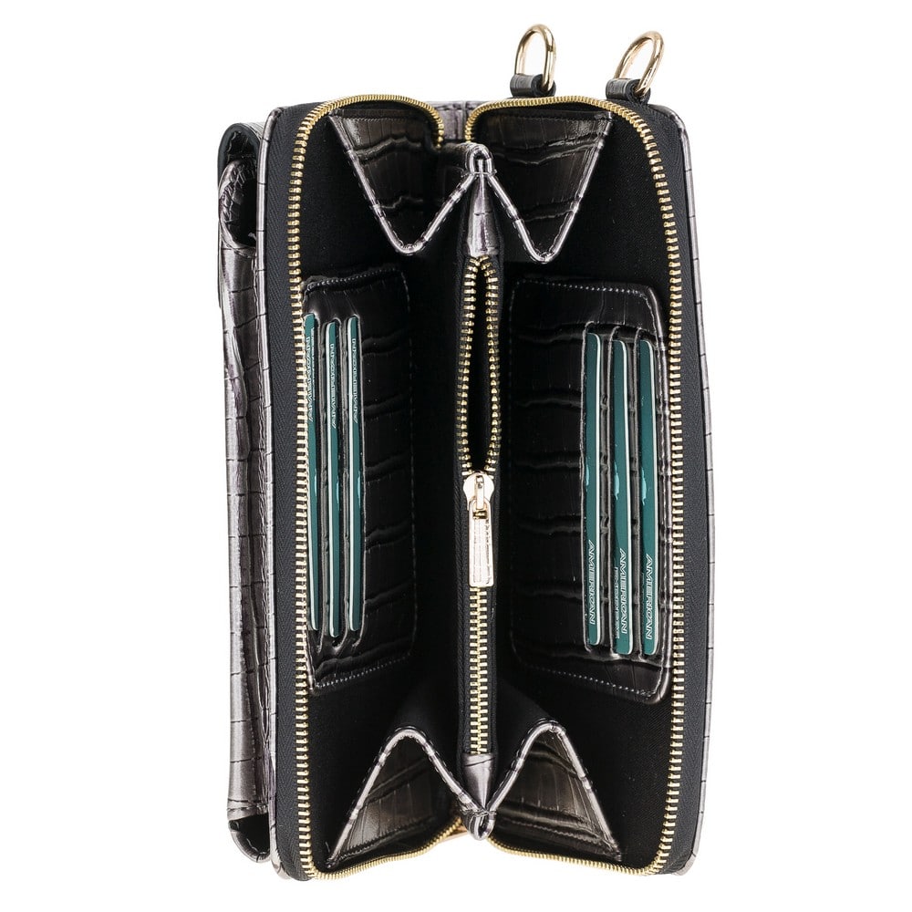 Pebble Crocodile Grey Leather Shoulder Pouch with Strap - Bomonti - 2