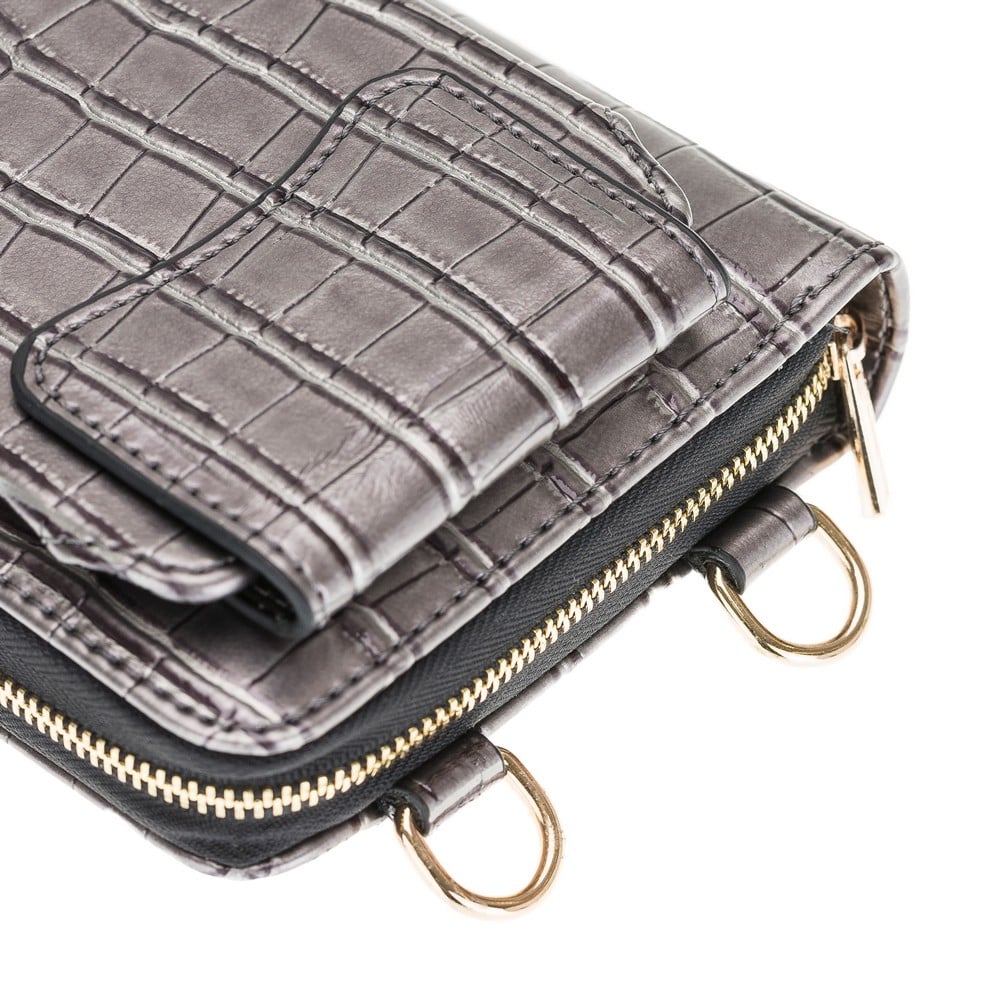 Pebble Crocodile Grey Leather Shoulder Pouch with Strap - Bomonti - 3