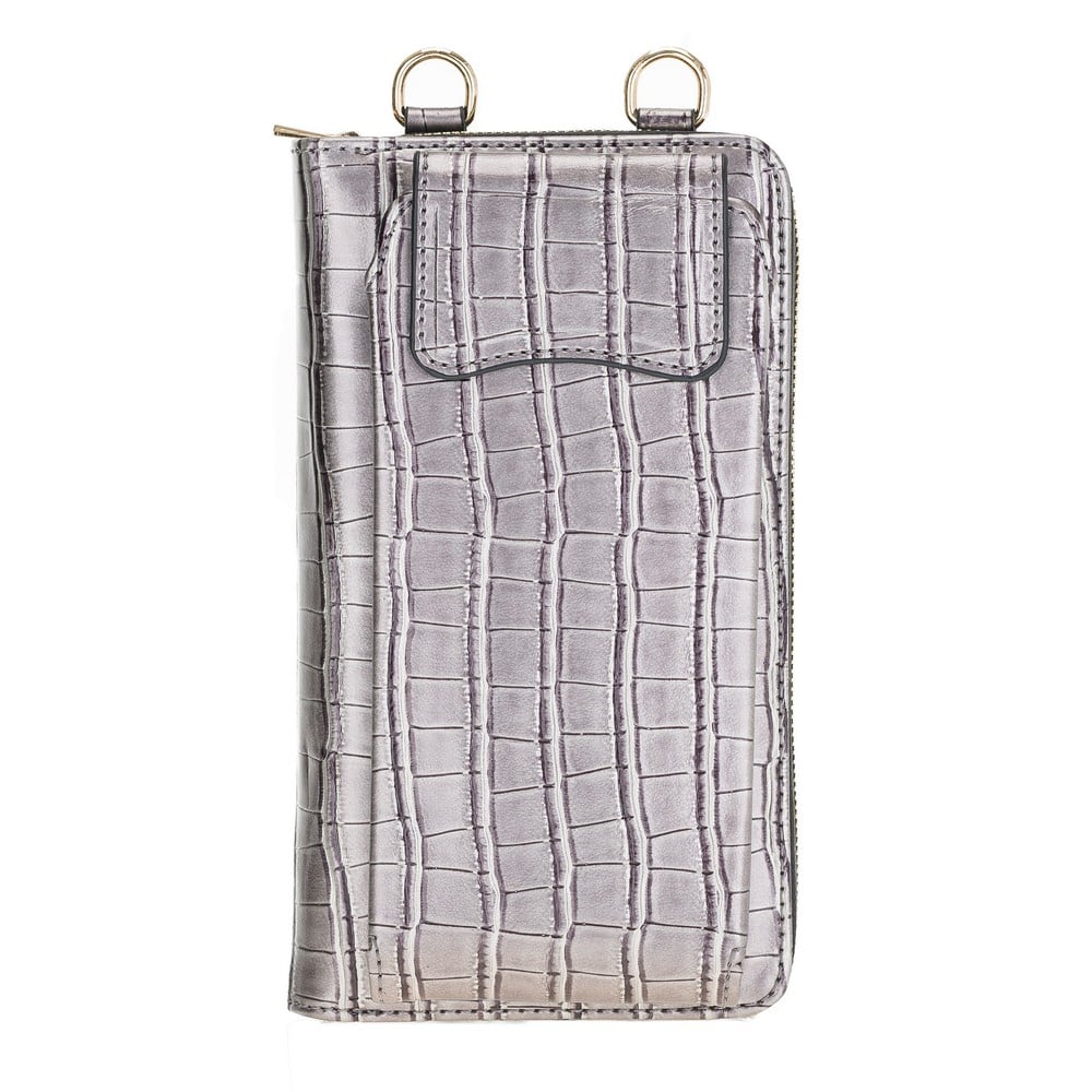 Pebble Crocodile Grey Leather Shoulder Pouch with Strap - Bomonti - 5