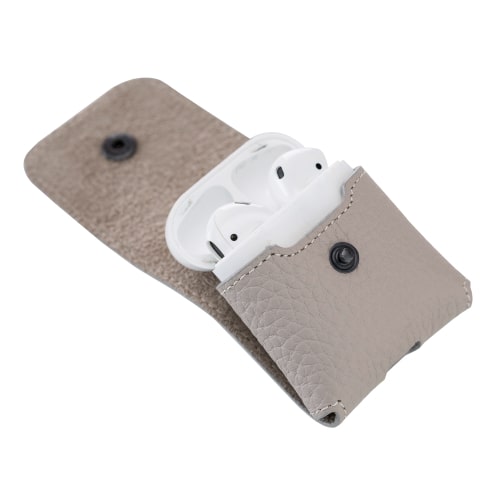 Luxury Beige Leather Apple AirPods Cover Bag Case with Button Closure - Bomonti - 3