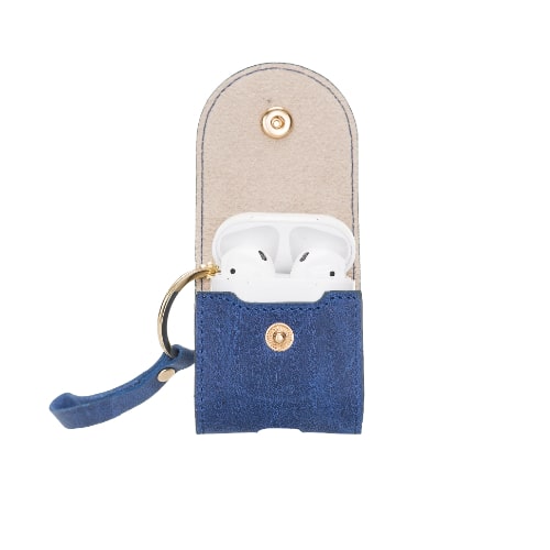 Luxury Blue Leather Apple AirPods Cover Bag Case with Button Closure - Bomonti - 4
