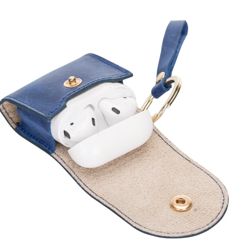 Luxury Blue Leather Apple AirPods Cover Bag Case with Button Closure - Bomonti - 5