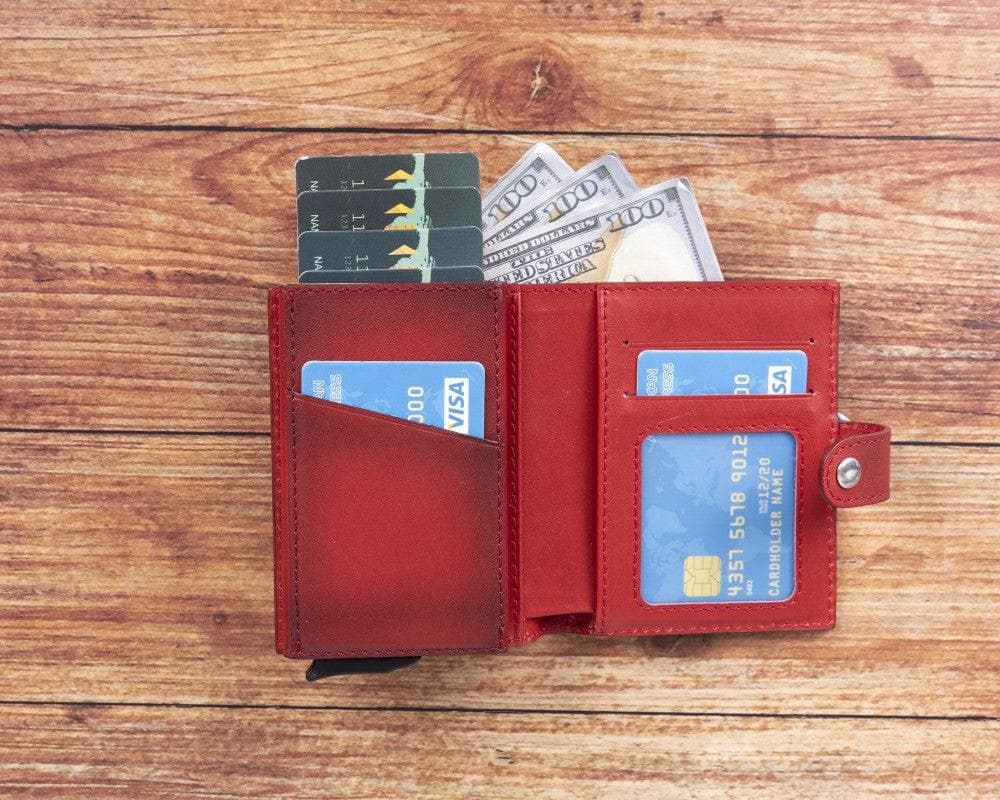 Red Leather RFID Protection Credit Debit Pop Up Card Holder Wallet Case - Bomonti - 4