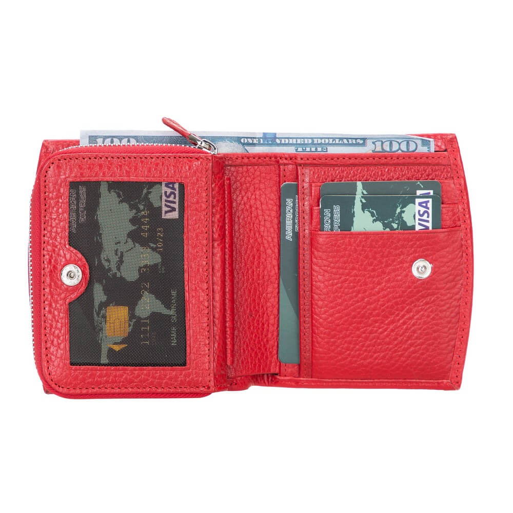 Red Luxury Leather Bifold Minimalist Wallet with Zipper coin slot - Bomonti - 5
