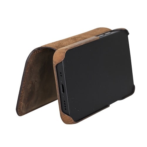 Rostar Tan Brown Leather iPhone 13 Mini Detachable Bi-Fold Wallet Case with Mag Safe & Card Holder - Bomonti - 4