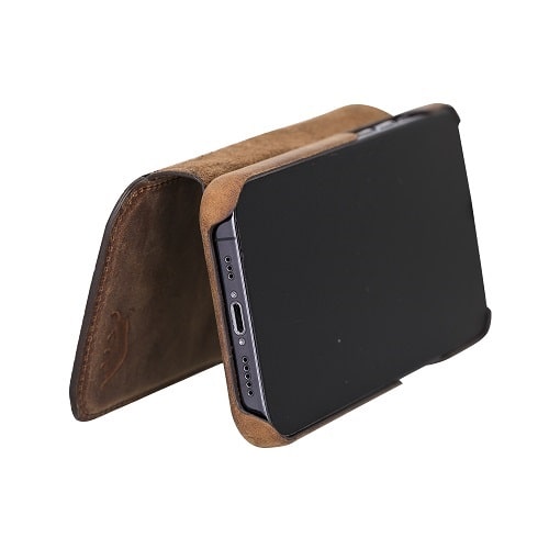 Rostar Tan Brown Leather iPhone 13 Pro Detachable Bi-Fold Wallet Case with MagSafe & Card Holder - Bomonti - 11