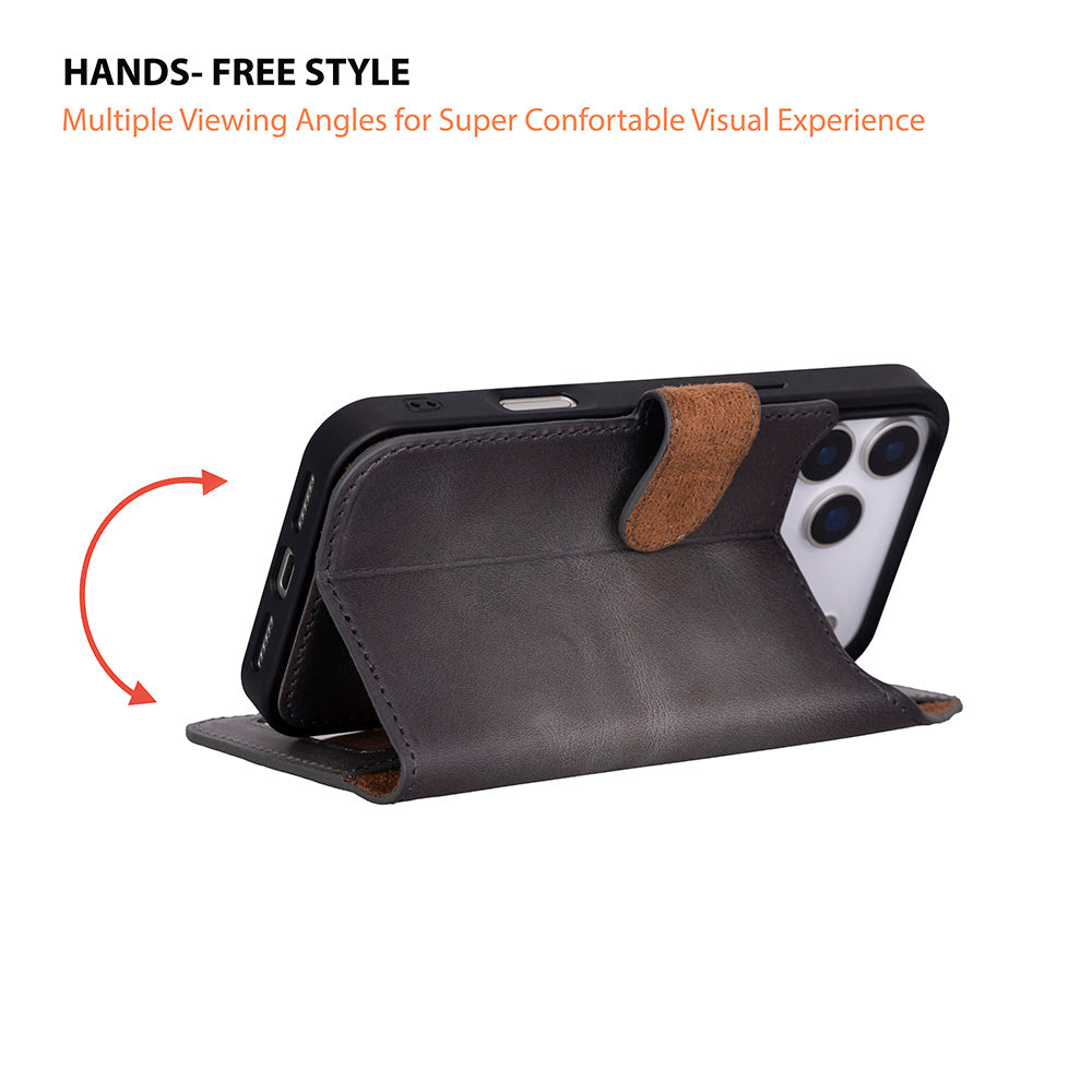 Gray Leather iPhone 17 Pro Max Detachable Wallet Case