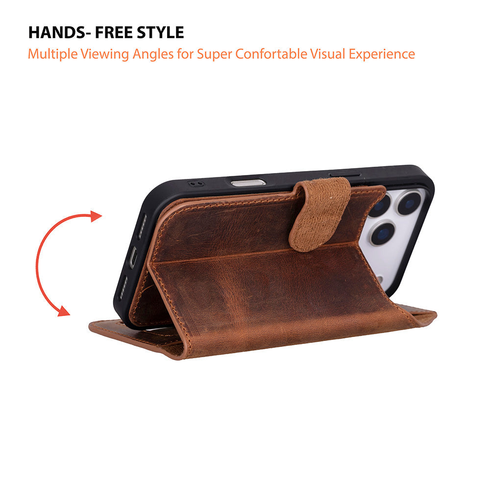 Brown Leather iPhone 17 Pro Max Detachable Wallet Case