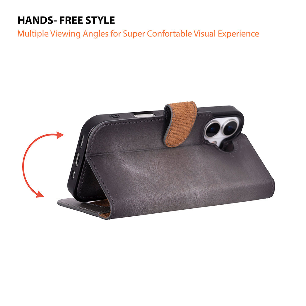 Gray Leather iPhone 17 Detachable Wallet Case