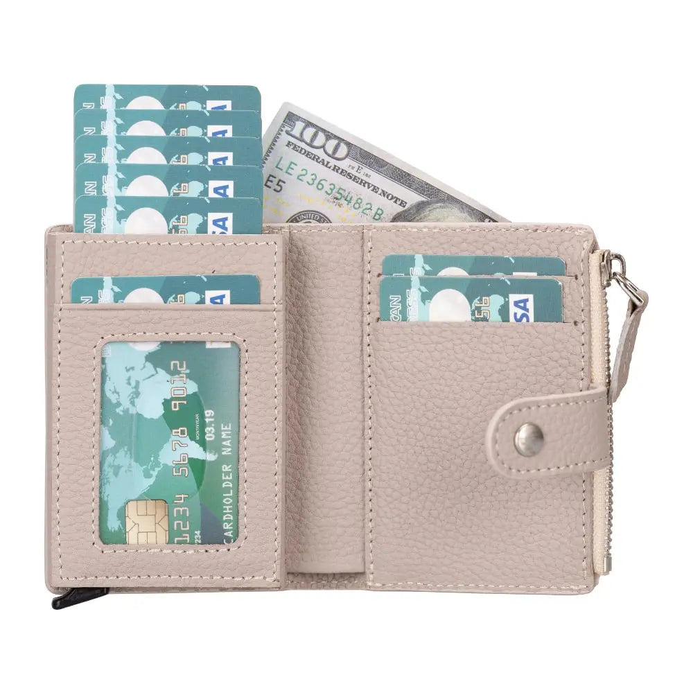 Beige Leather Pop Up Card Wolder Wallet with Zipper Closure Coin Holder Slot – Bomonti