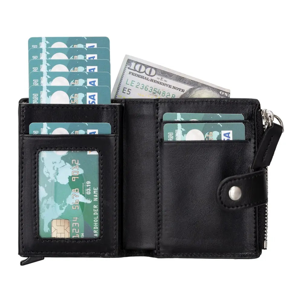 Black Leather Pop Up Card Wolder Wallet with Zipper Closure Coin Holder Slot – Bomonti
