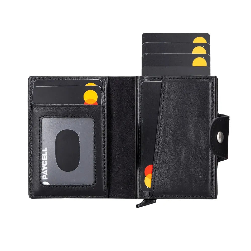 Black Leather Pop-Up RFID Blocking Detachable Cardholder Wallet - Bomonti Goods