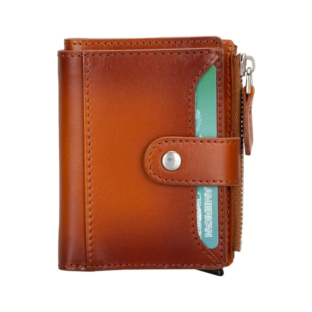 Brown Leather Pop Up Card Wolder Wallet with Zipper Closure Coin Holder Slot – Bomonti
