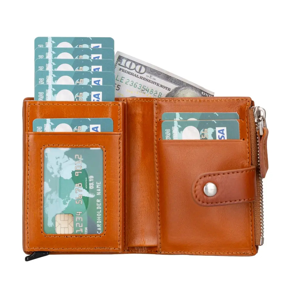 Brown Leather Pop Up Card Wolder Wallet with Zipper Closure Coin Holder Slot – Bomonti