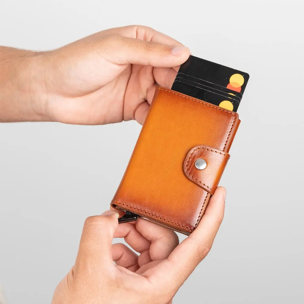 Brown Leather Pop-Up RFID Blocking Detachable Cardholder Wallet - Bomonti Goods