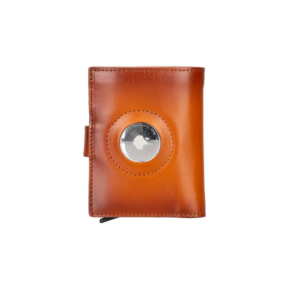Brown Leather Wallet with Pup-Up Card Holder Mechanism AirTag Holder Integrated - Bomonti