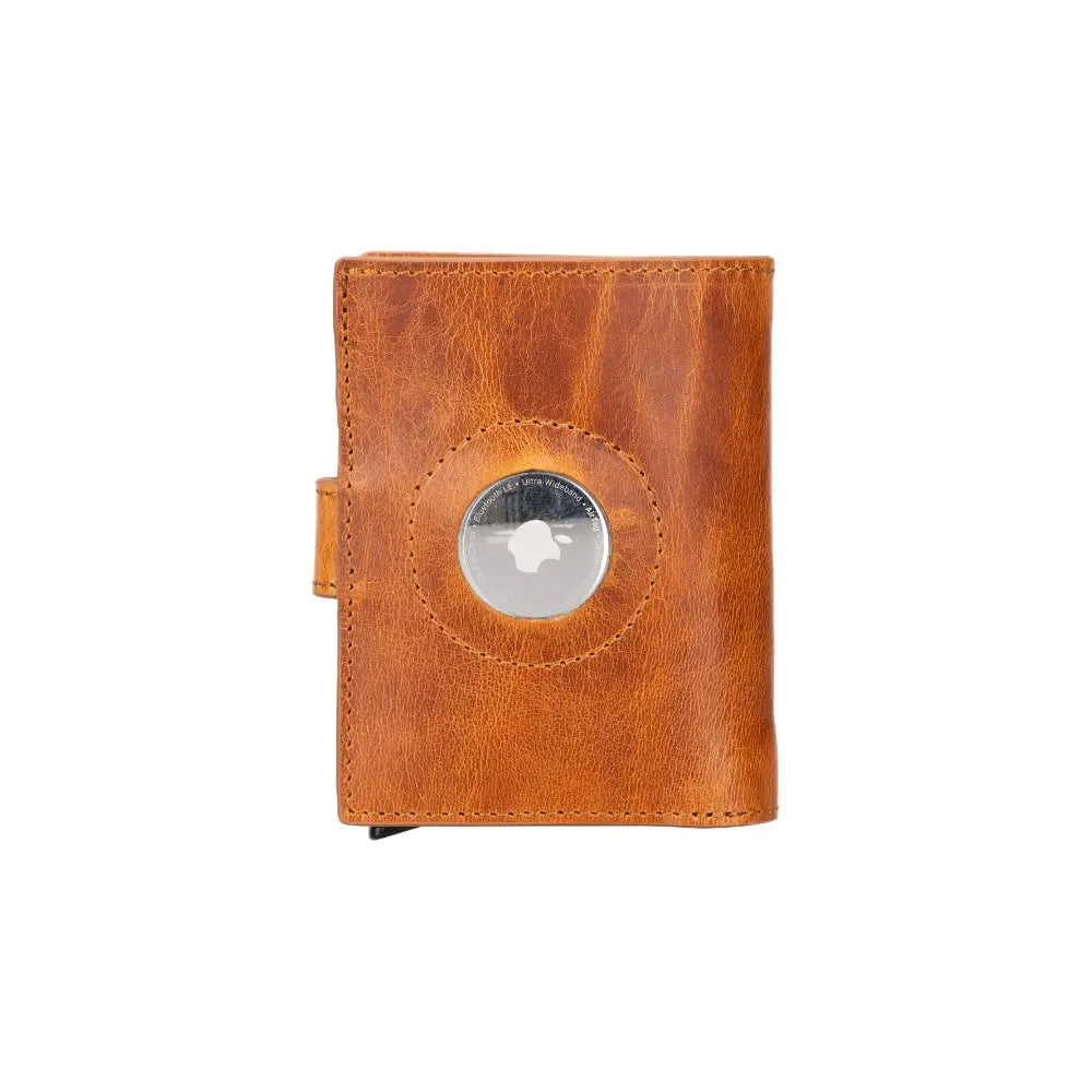 Tan Brown Leather Wallet with Pup-Up Card Holder Mechanism AirTag Holder Integrated - Bomonti