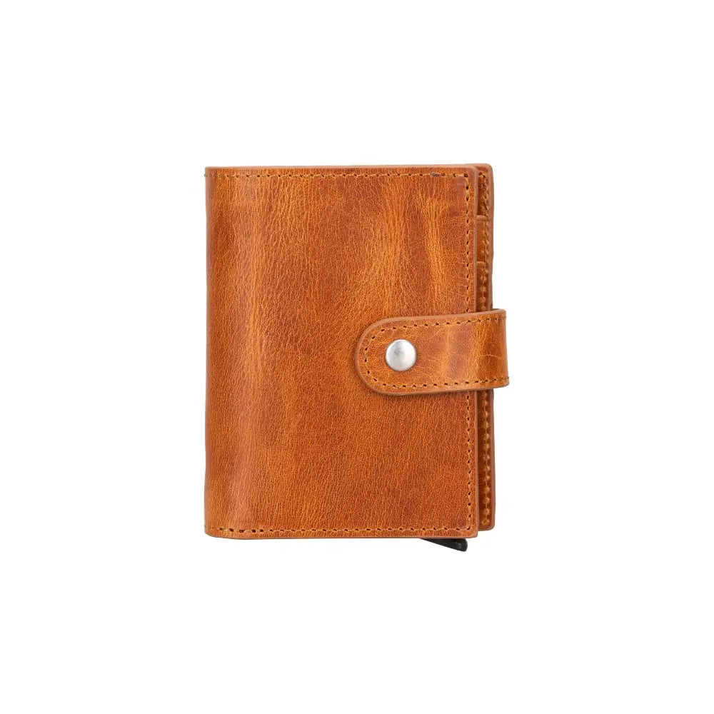 Tan Brown Leather Wallet with Pup-Up Card Holder Mechanism AirTag Holder Integrated - Bomonti