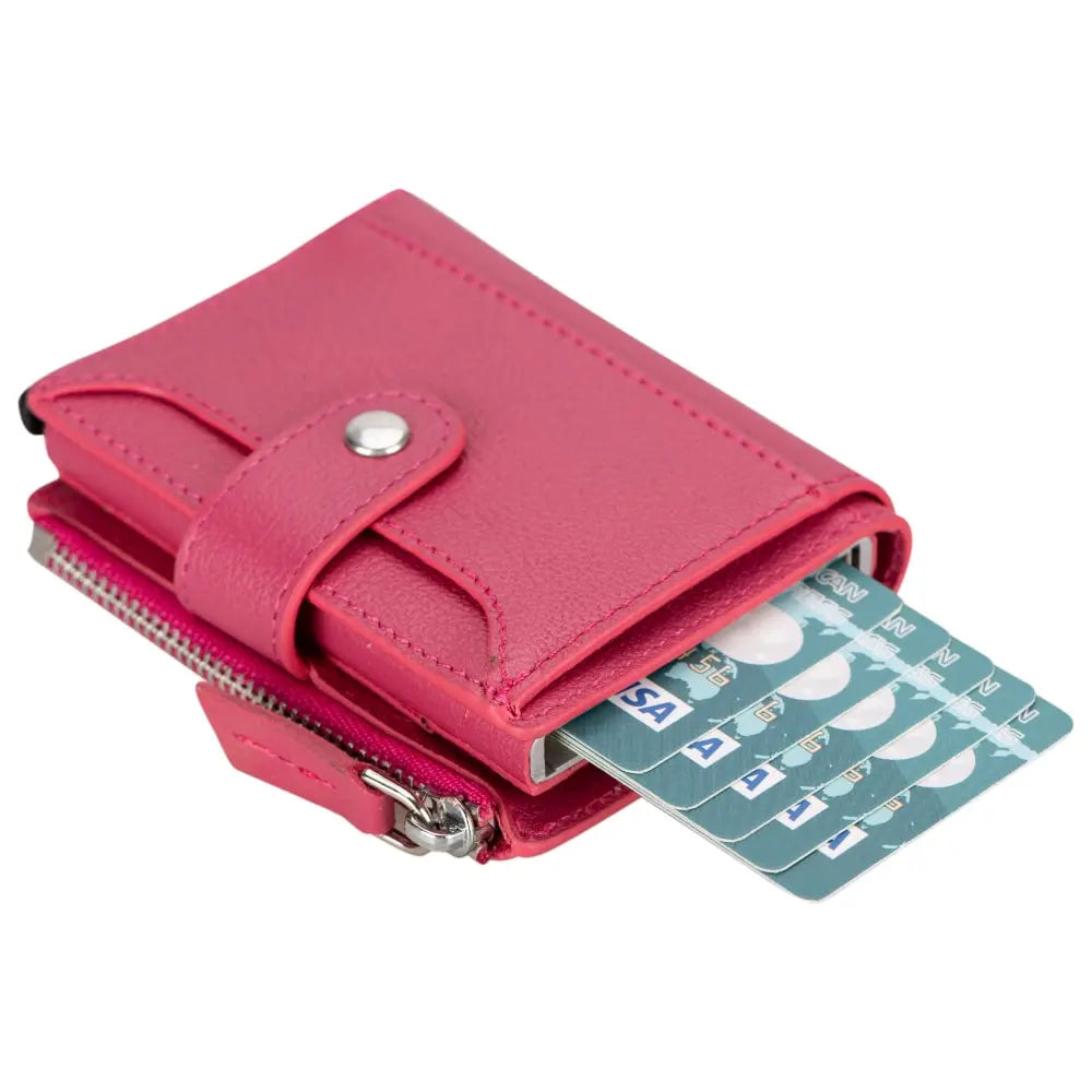Fuchsia Leather Pop Up Card Wolder Wallet with Zipper Closure Coin Holder Slot – Bomonti