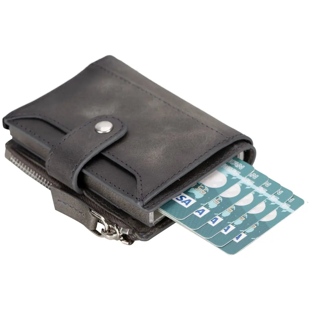 Grey Leather Pop Up Card Wolder Wallet with Zipper Closure Coin Holder Slot – Bomonti