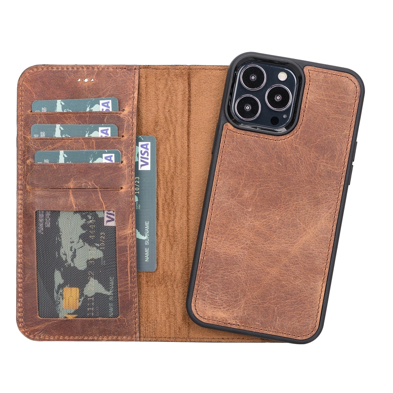 Tan Brown Leather iPhone 13 Pro Max Detachable Bi-Fold RFID Wallet Case with MagSafe & Card Holder - Bomonti - 1