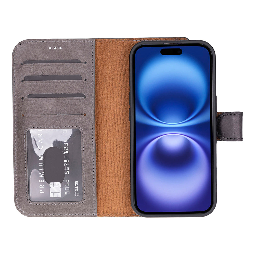 Gray Leather iPhone 17 Detachable Wallet Case