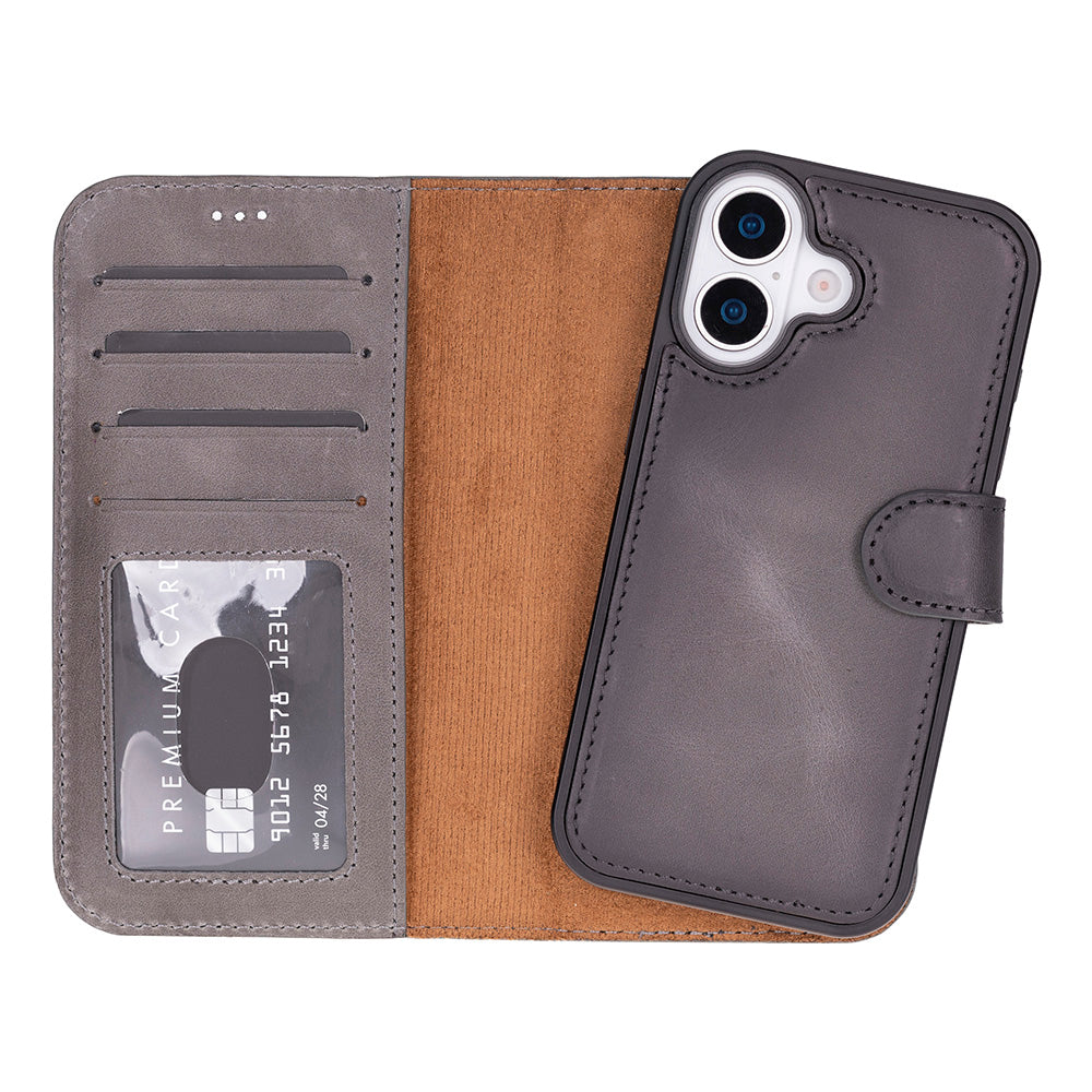 Gray Leather iPhone 17 Detachable Wallet Case