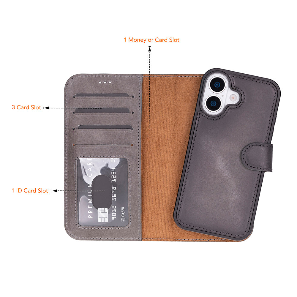Gray Leather iPhone 17 Detachable Wallet Case
