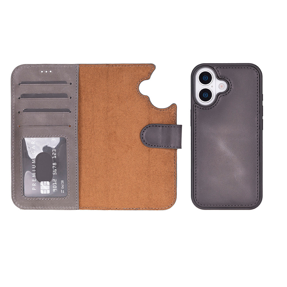Gray Leather iPhone 17 Detachable Wallet Case