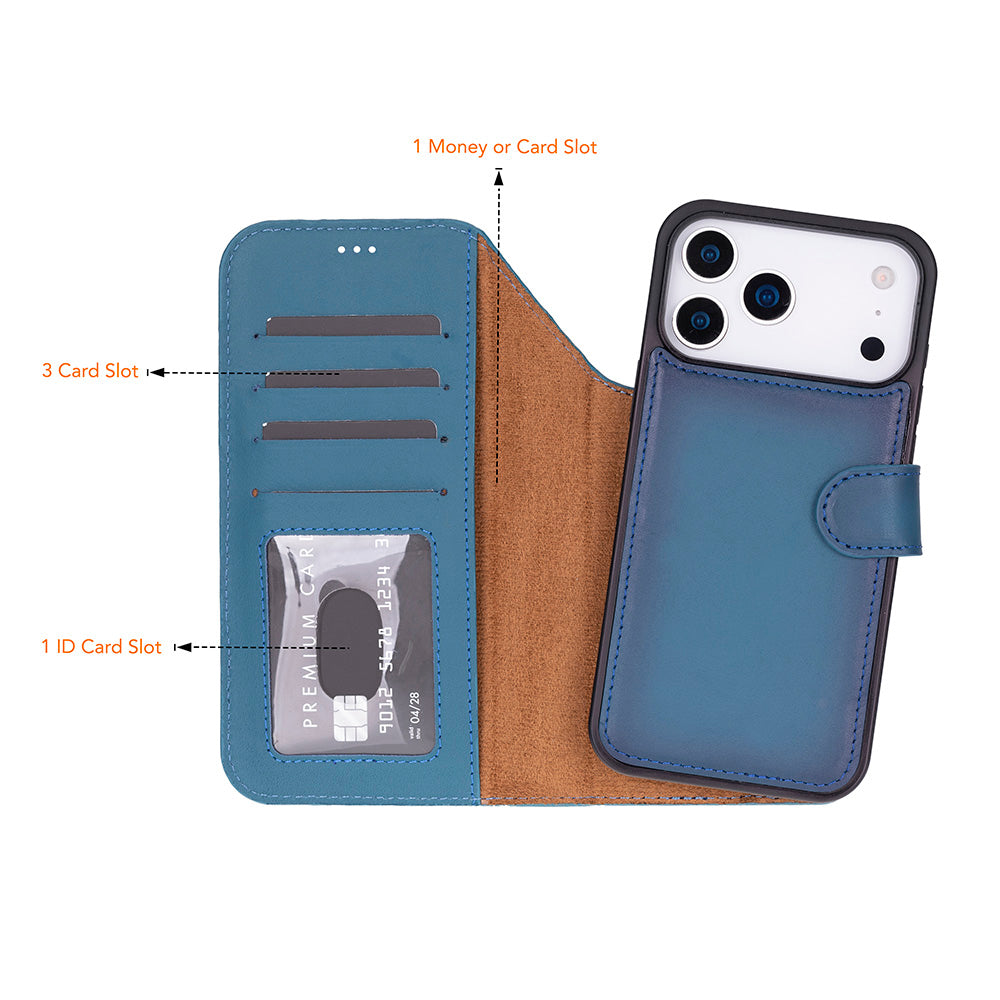 Blue Leather iPhone 17 Pro Max Detachable Wallet Case