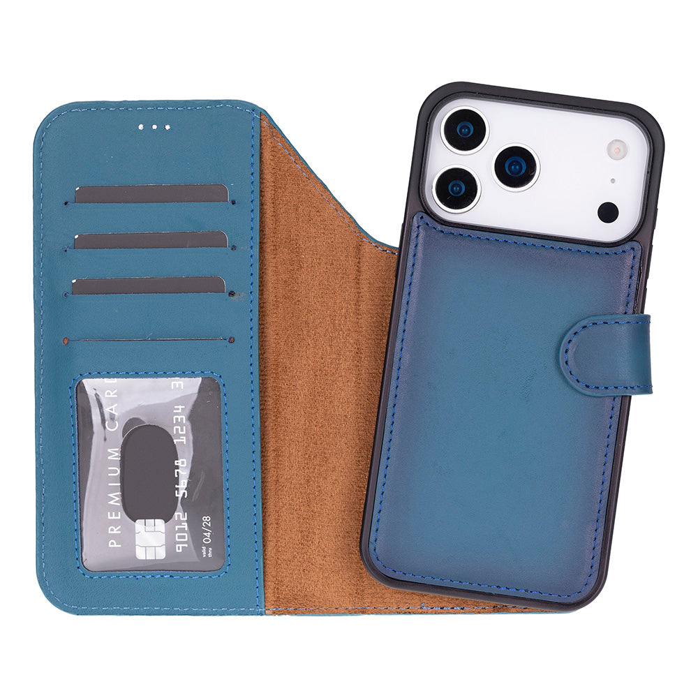 Blue Leather iPhone 17 Pro Detachable Wallet Case