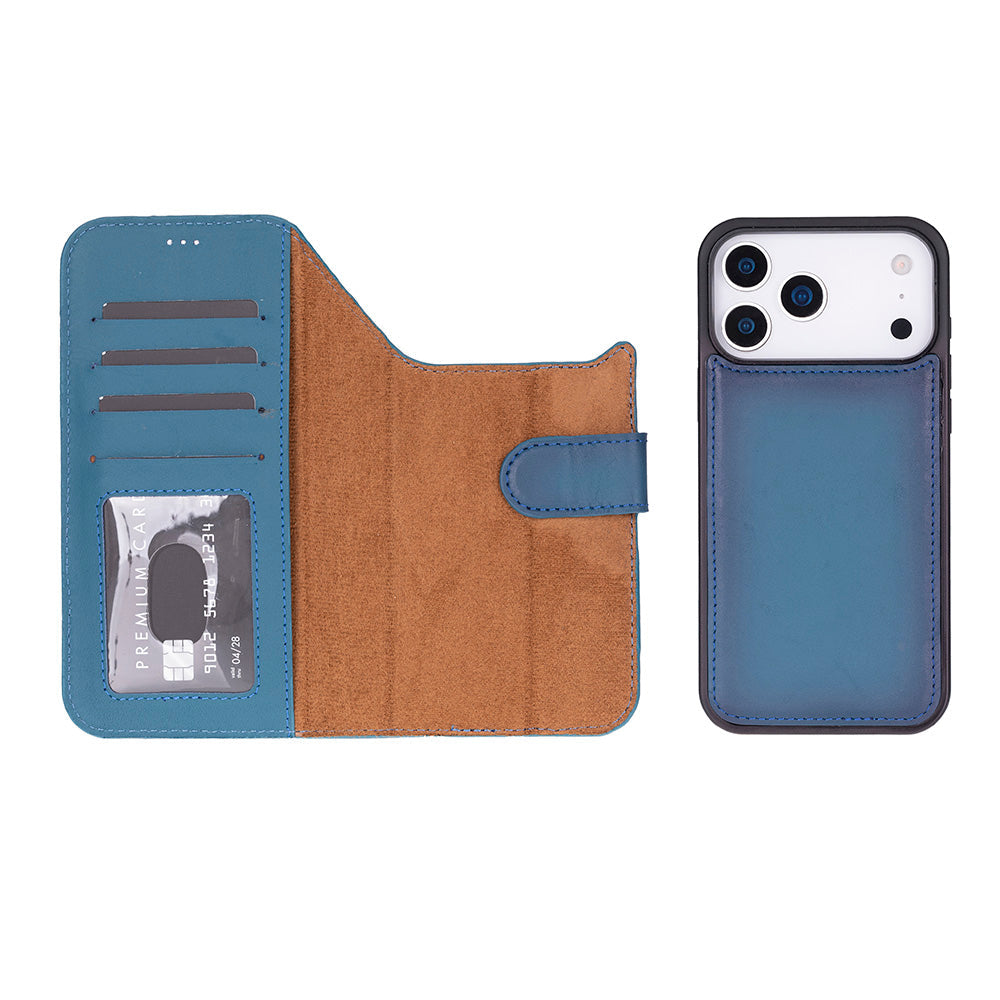 Blue Leather iPhone 17 Pro Max Detachable Wallet Case
