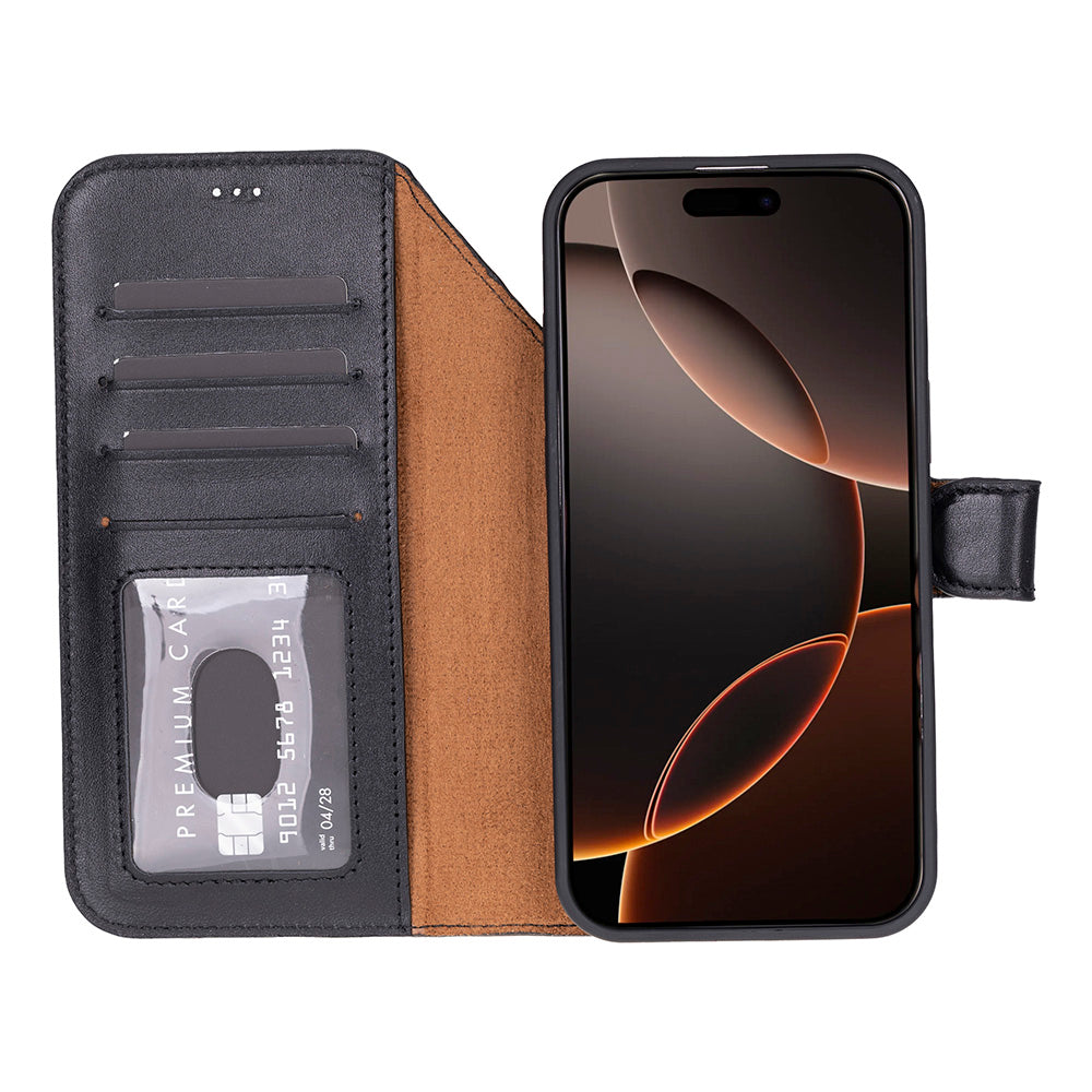 Black Leather iPhone 17 Pro Max Detachable Wallet Case
