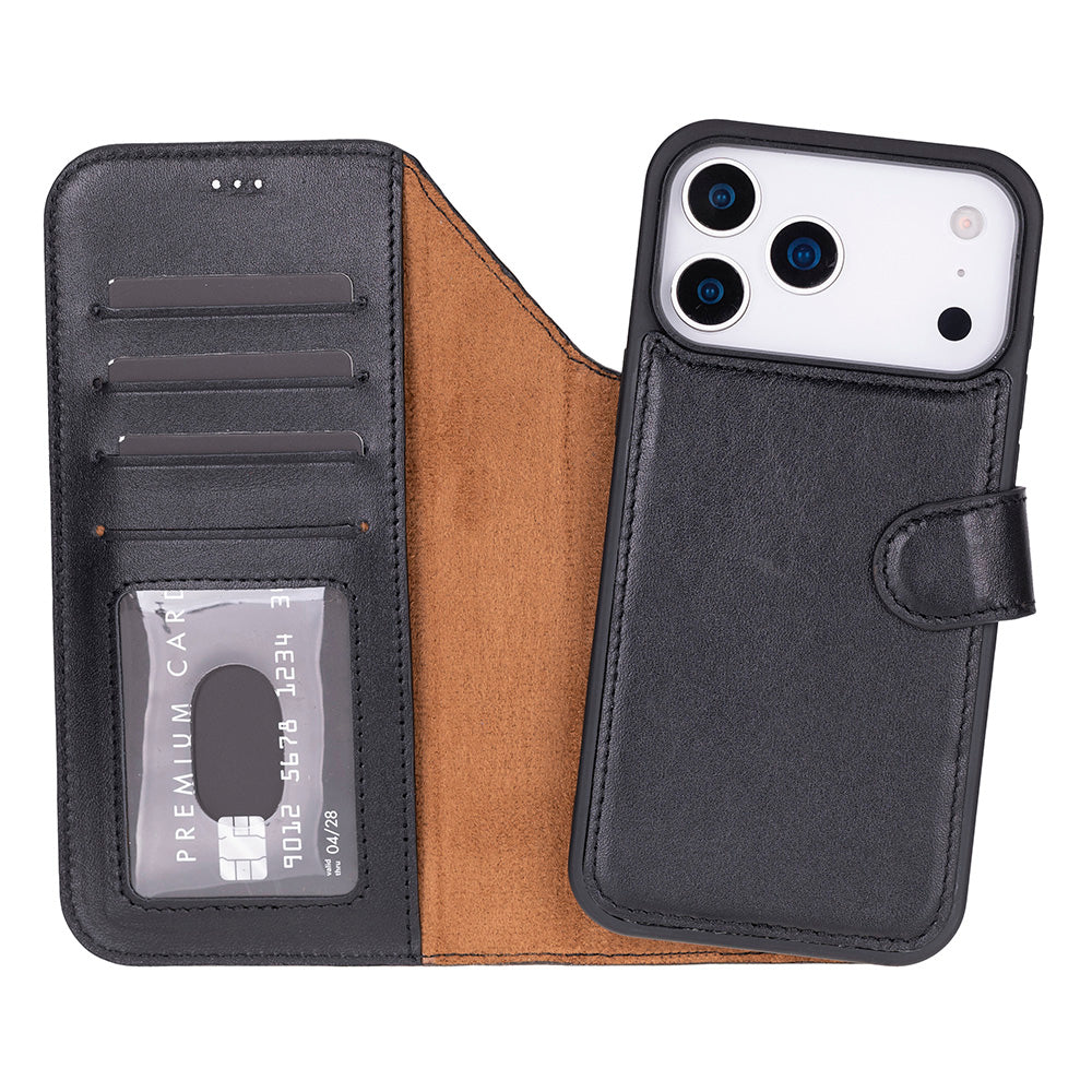 Black Leather iPhone 17 Pro Max Detachable Wallet Case