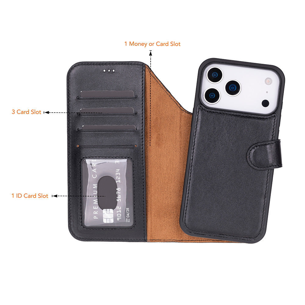 Black Leather iPhone 17 Pro Max Detachable Wallet Case