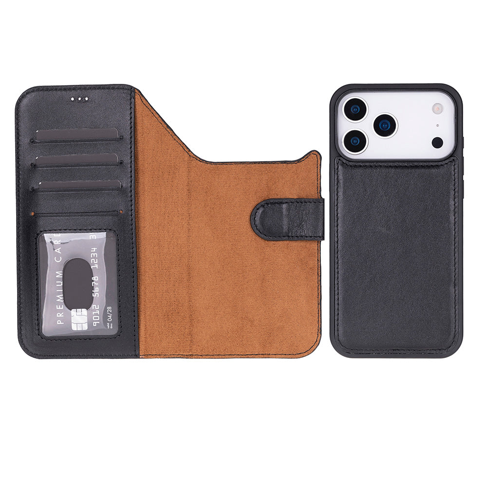 Black Leather iPhone 17 Pro Max Detachable Wallet Case