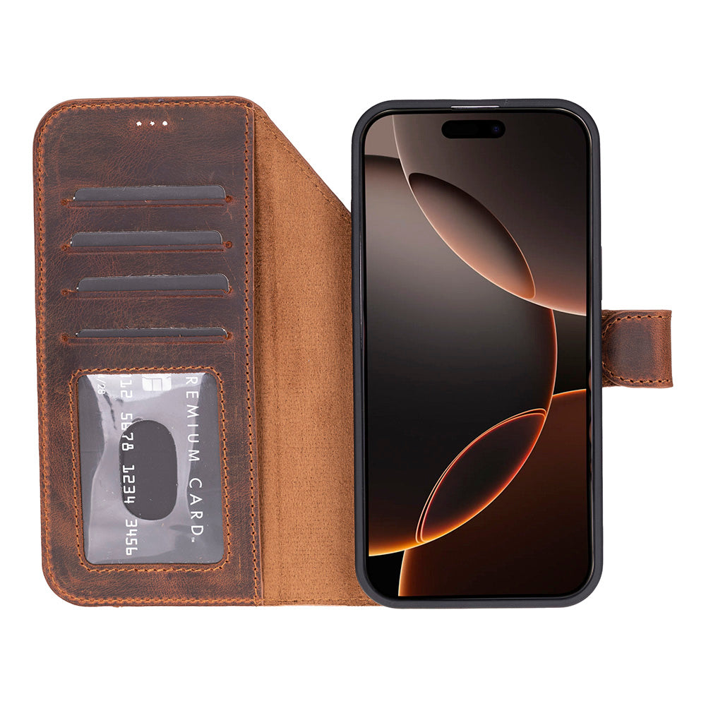 Brown Leather iPhone 17 Pro Max Detachable Wallet Case