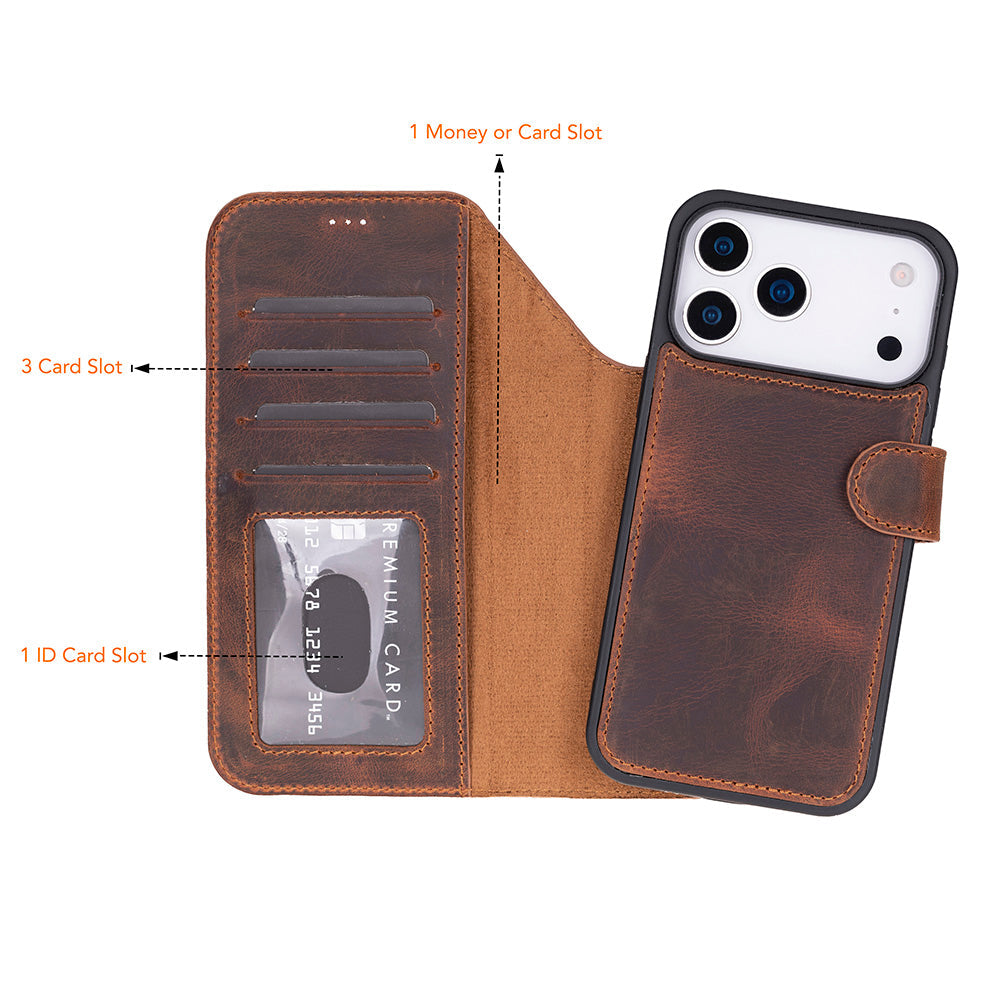 Brown Leather iPhone 17 Pro Max Detachable Wallet Case