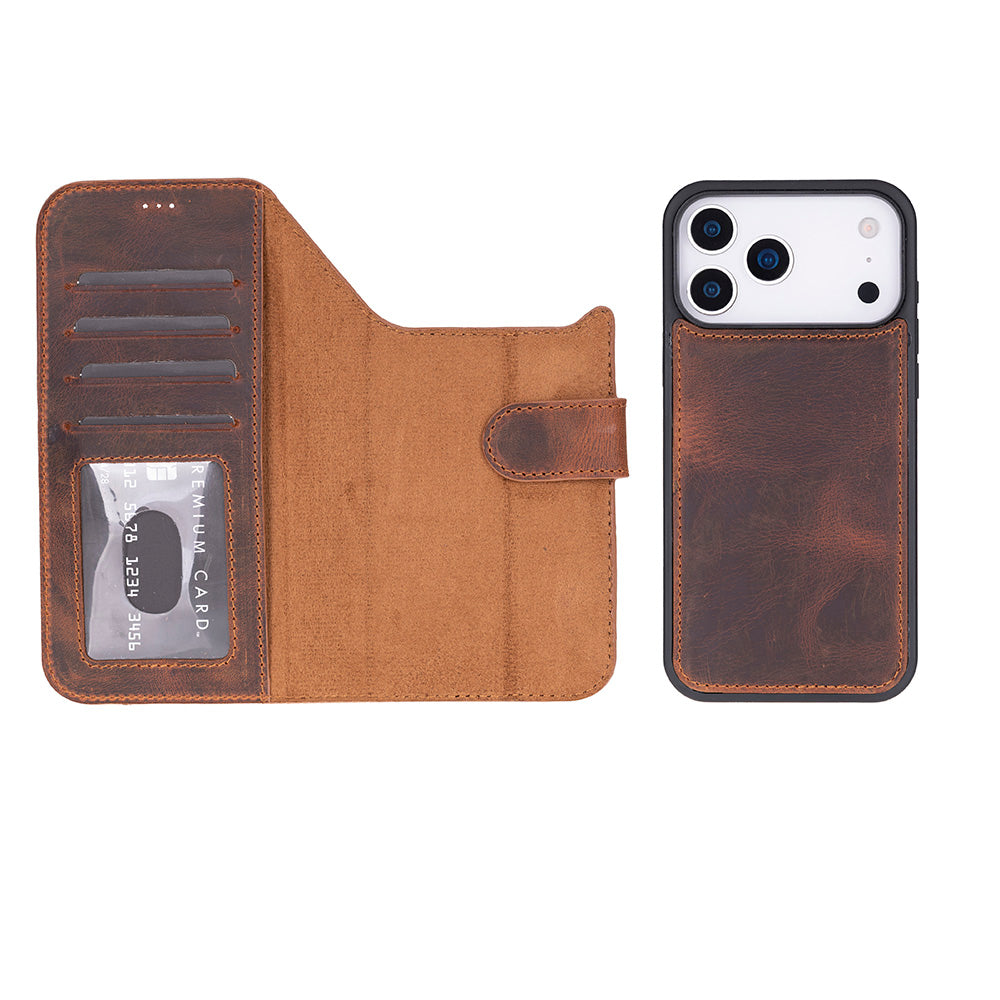 Brown Leather iPhone 17 Pro Max Detachable Wallet Case