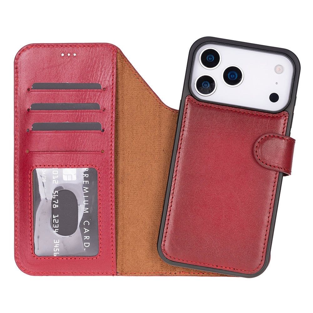 Red Leather iPhone 17 Pro Max Detachable Wallet Case