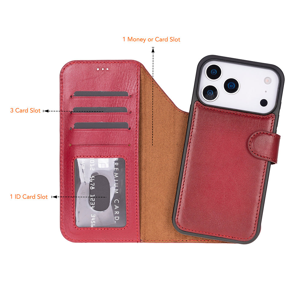 Red Leather iPhone 17 Pro Detachable Wallet Case