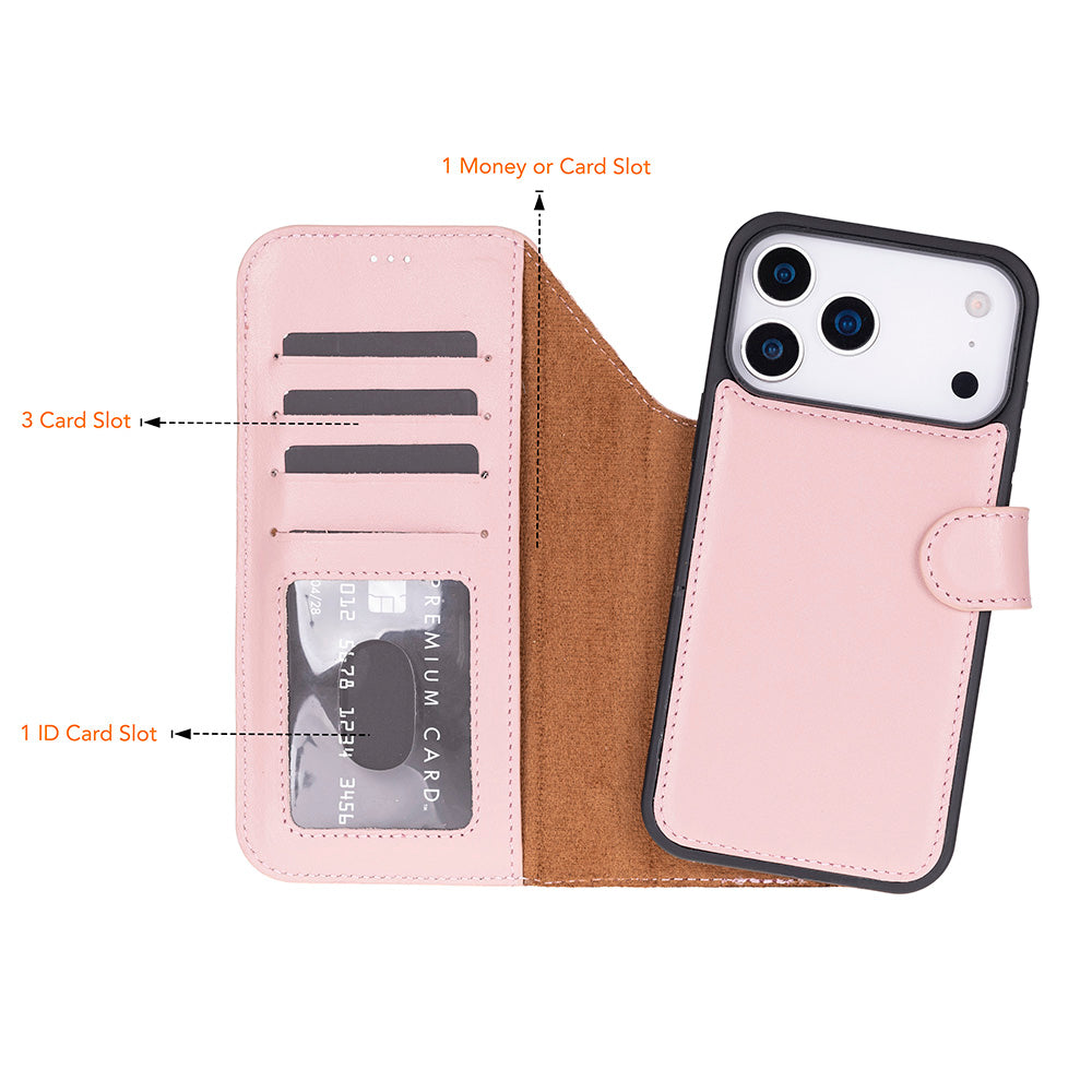 Pink Leather iPhone 17 Pro Max Detachable Wallet Case