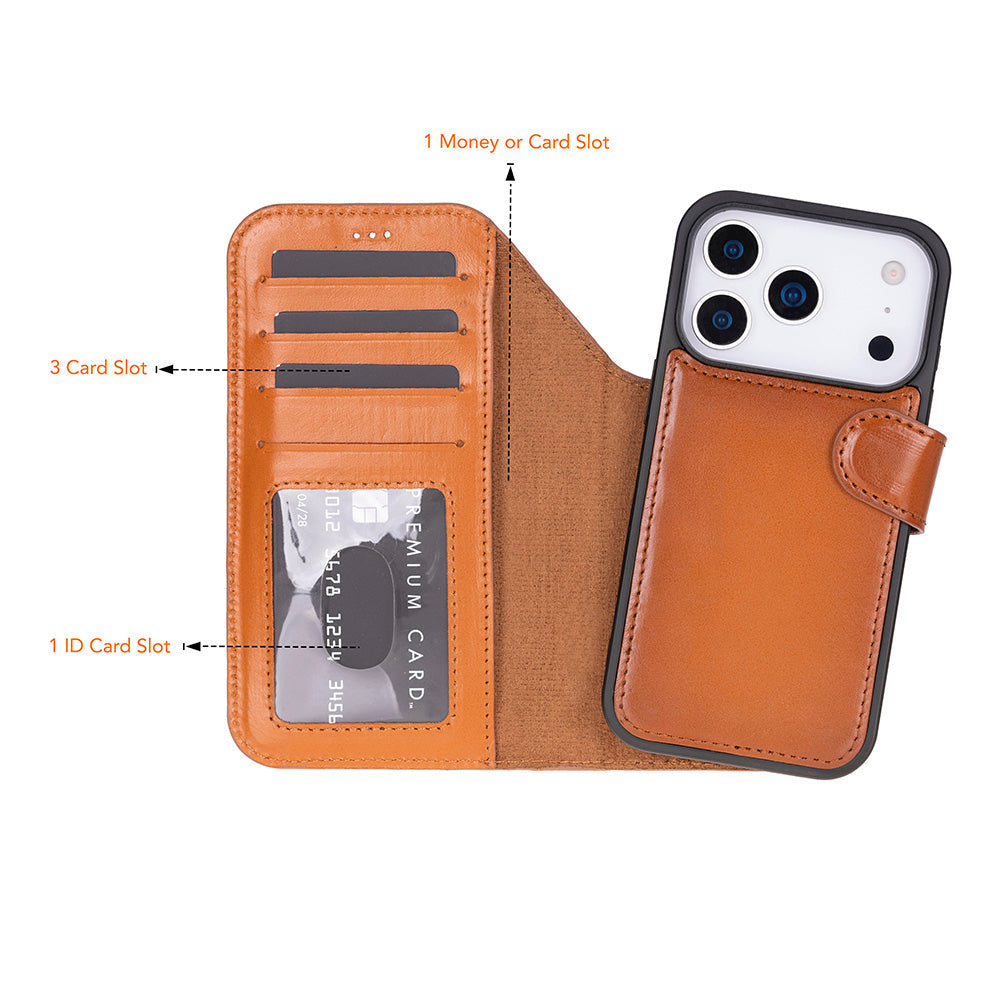 Tan Leather iPhone 17 Pro Detachable Wallet Case